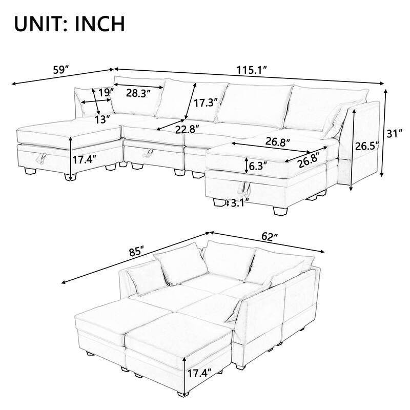 115" Oversized UShape Modular Sofa Sectional Couches, Convertible